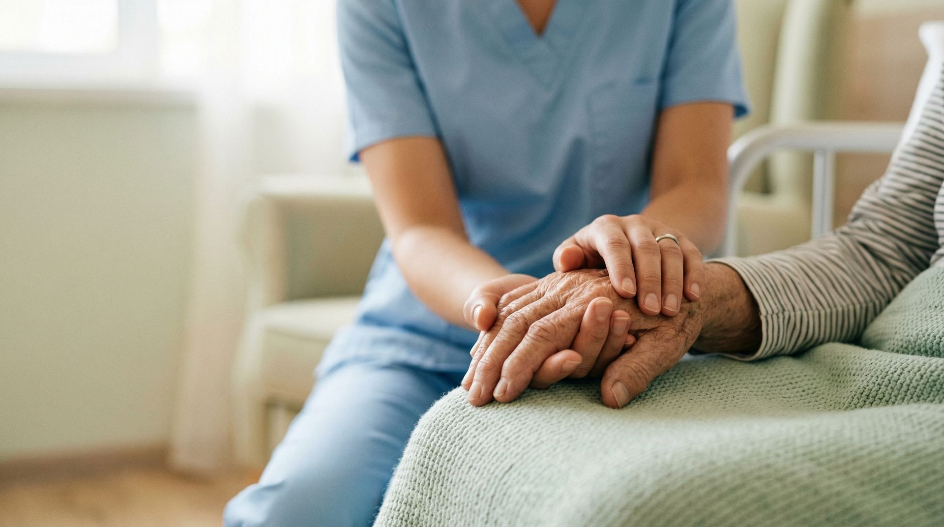 Caregiver gently holding a senior's hands during an in-home care visit.