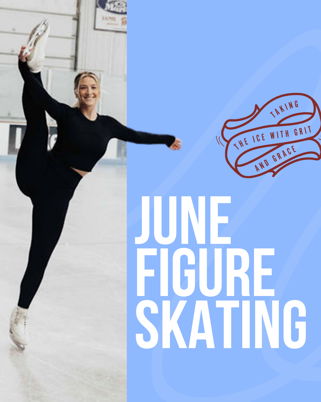 Figure skater in black outfit on ice, doing a split with text