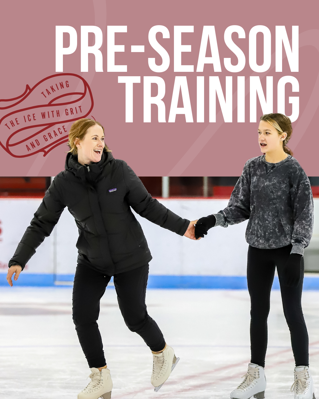 Two figure skaters holding hands, on ice, smiling.