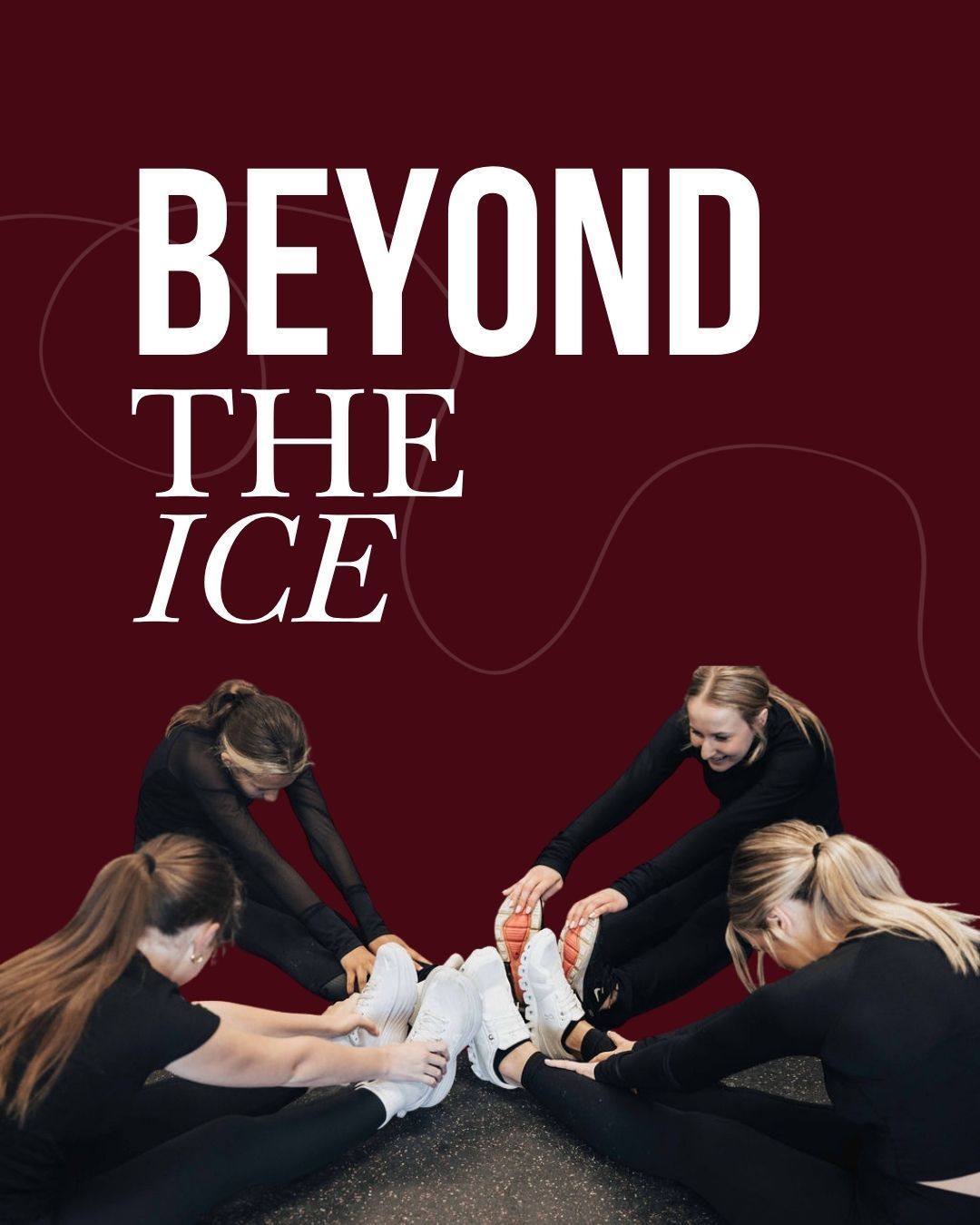 Four figure skaters seated around their feet on a maroon background