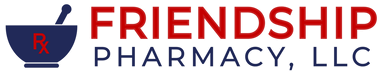 The logo for Friendship Pharmacy, LLC, featuring a dark blue mortar and pestle icon with a red "Rx" next to the text.