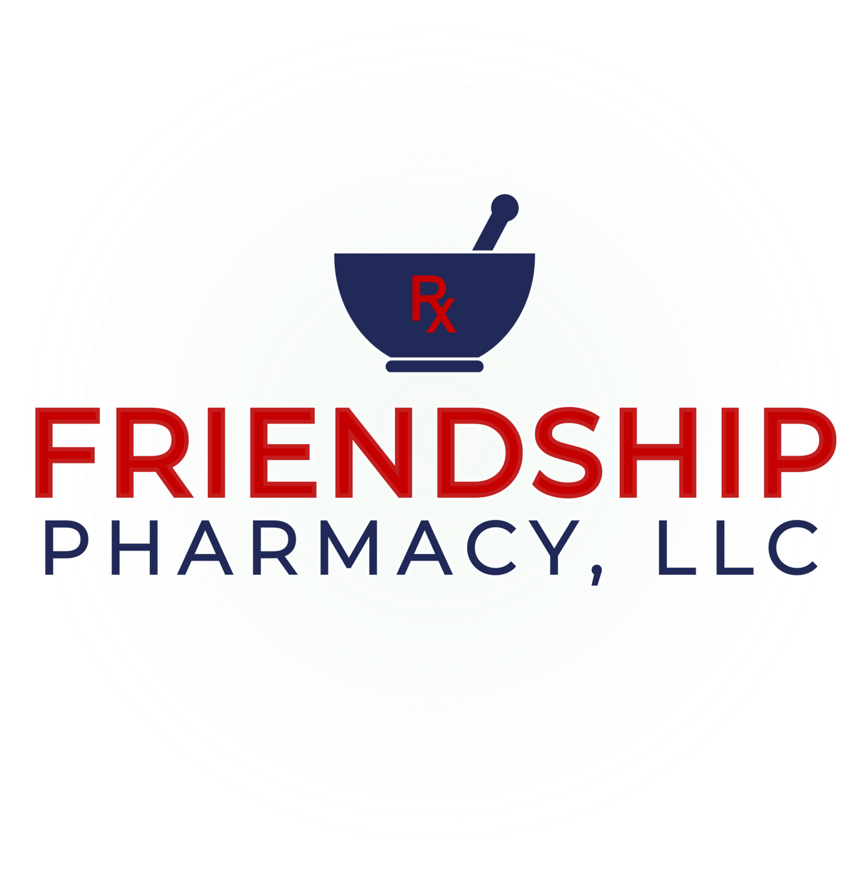 A logo for Friendship Pharmacy, LLC, featuring a blue mortar and pestle icon with a red Rx symbol above the business name.