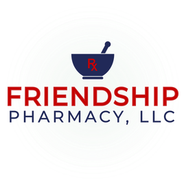 A logo for Friendship Pharmacy, LLC, featuring a blue mortar and pestle icon with a red Rx symbol above the business name.