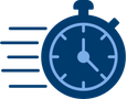 Dark blue icon of a stopwatch with motion lines on the left, indicating speed or time pressure.