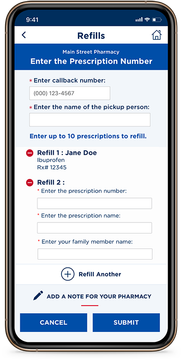 Mobile app screen for Main Street Pharmacy to enter prescription numbers and details for medication refills.