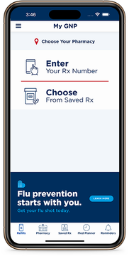 My GNP pharmacy mobile app screen with options to enter an Rx number, select saved prescriptions, and book flu shots.