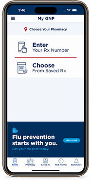 My GNP pharmacy mobile app screen with options to enter an Rx number, select saved prescriptions, and book flu shots.