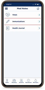 A mobile app screen titled Med Notes with menu options for Vitals, Immunizations, and Health Journal.