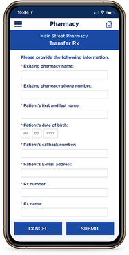A mobile app screen  transfer prescriptions, featuring a form with input fields and a submit button.