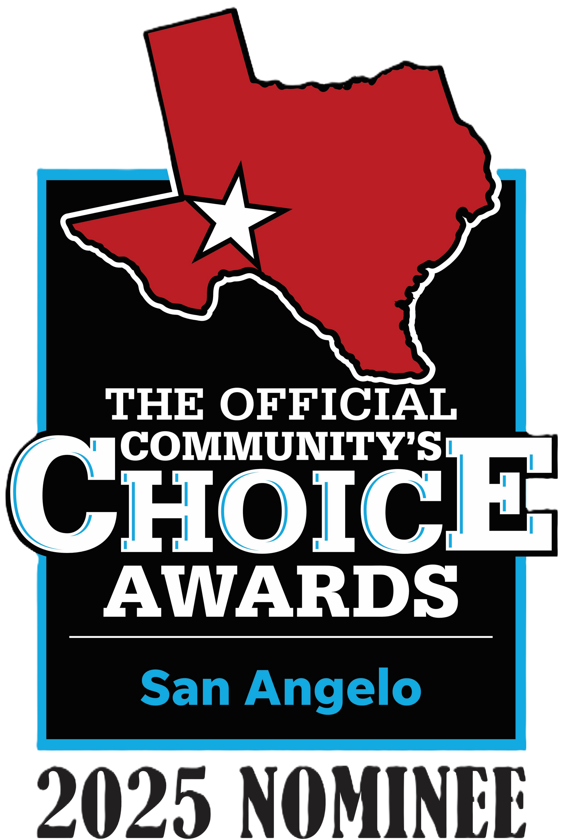 A 2025 San Angelo Community’s Choice Awards nominee logo featuring a red Texas silhouette with a white star.