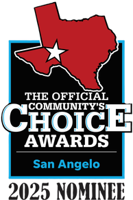 A 2025 San Angelo Community’s Choice Awards nominee logo featuring a red Texas silhouette with a white star.