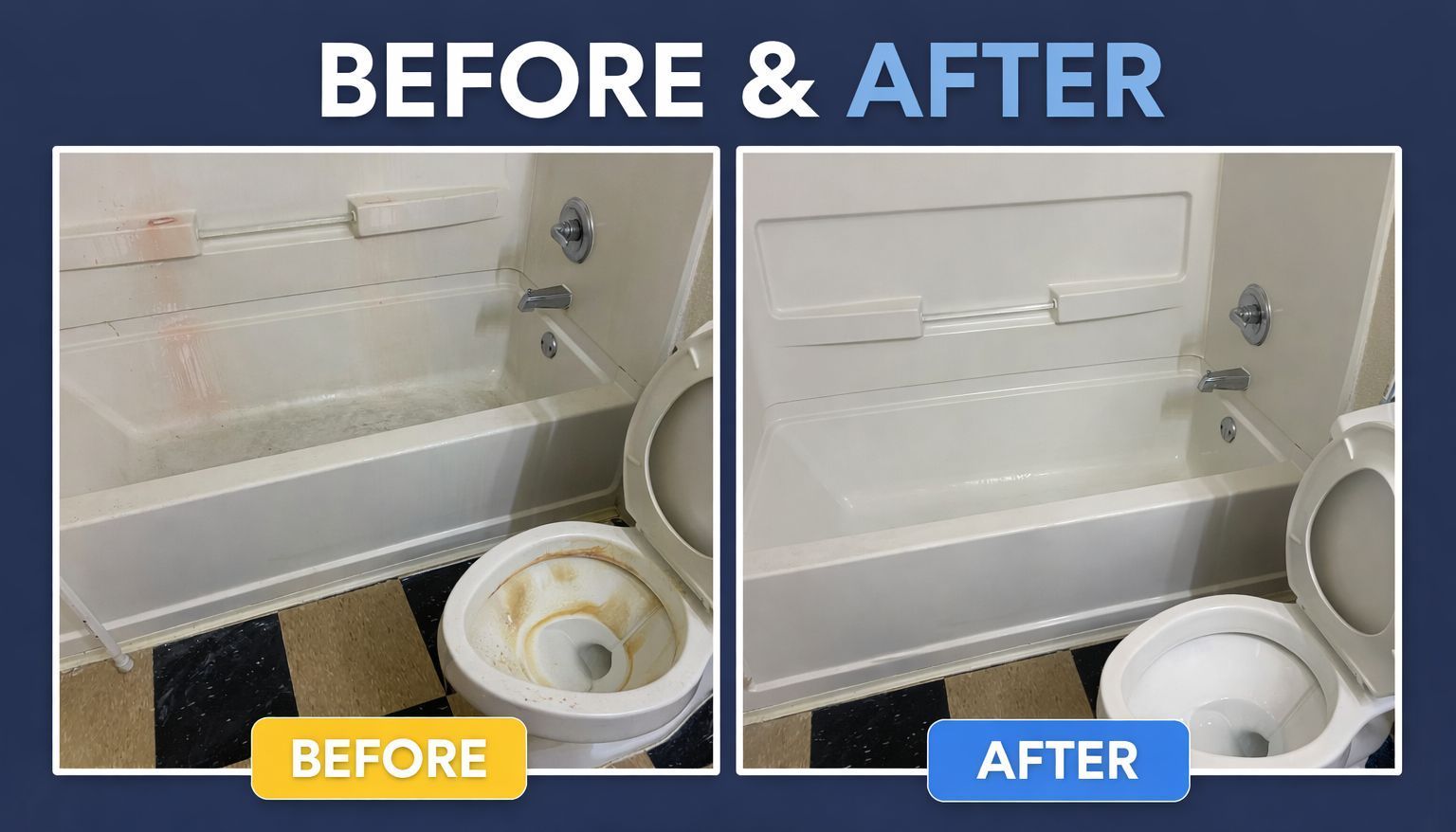 A before-and-after comparison showing a clean bathroom, highlighting the removal of stains from a toilet and shower wall.