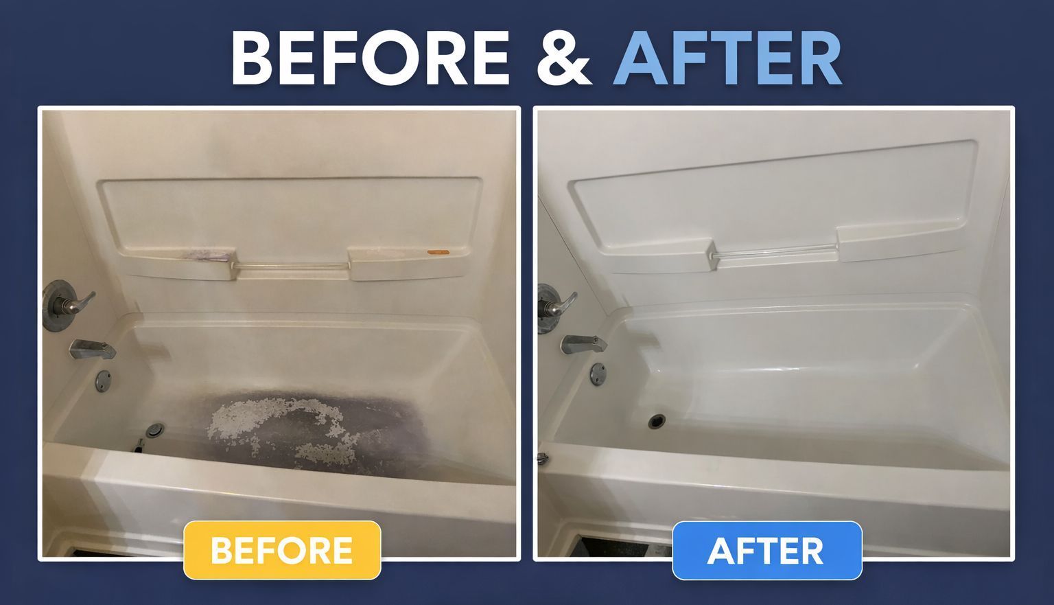 Side-by-side comparison of a bathtub before and after a professional cleaning or refinishing service.
