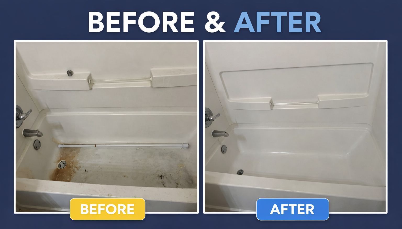 Before and after photos of a bathtub being cleaned, showing the removal of grime and staining from the tub surface.