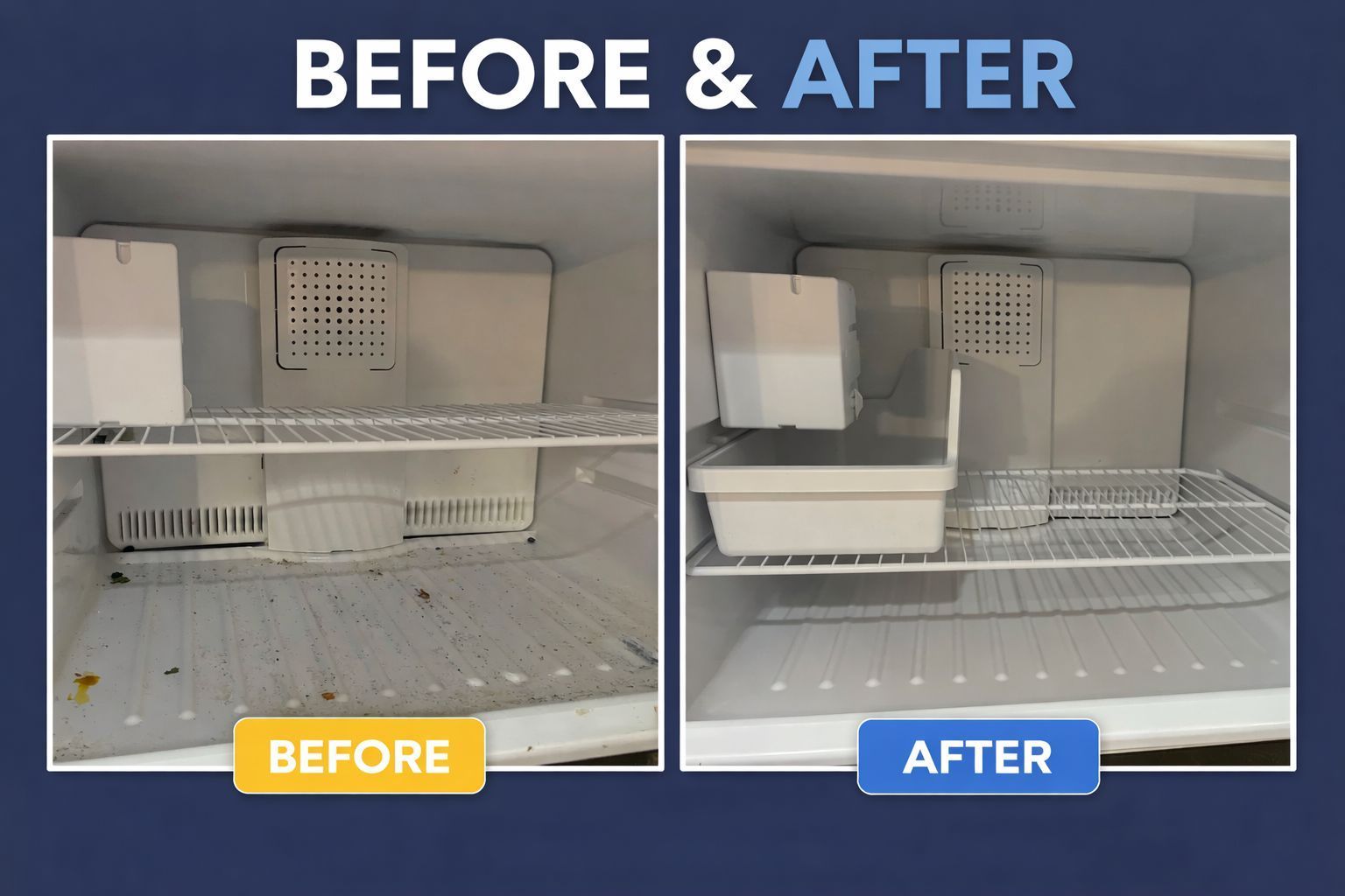 A split-screen comparison of a freezer showing it dirty before cleaning and organized with an ice bin after cleaning.
