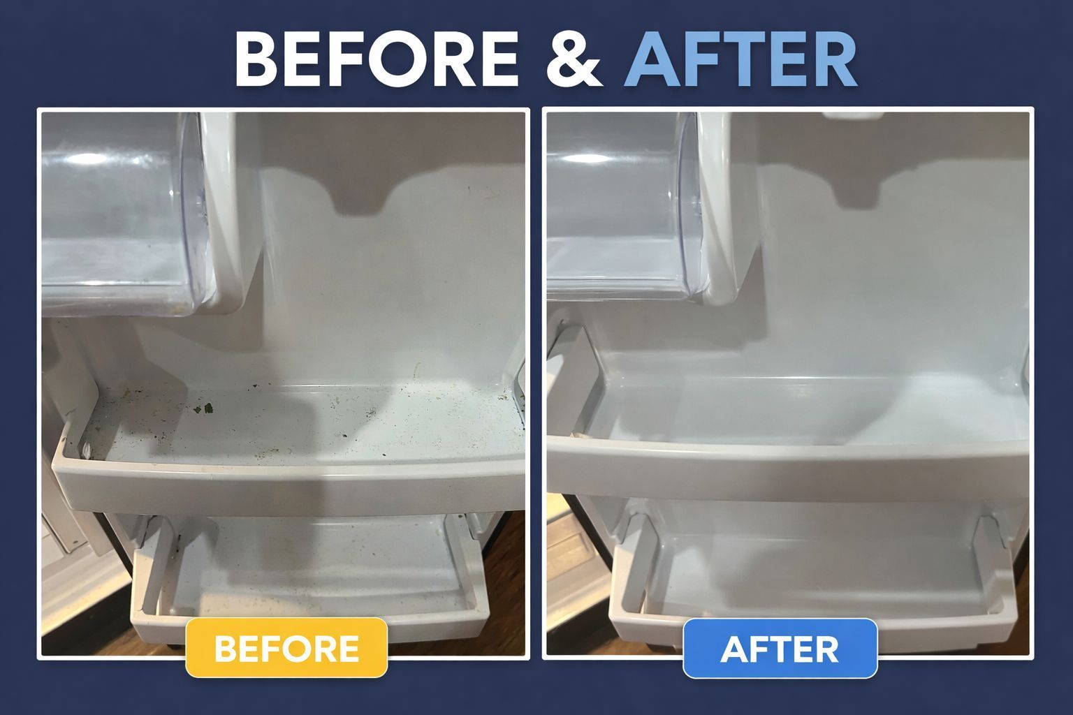 Before and after comparison of a refrigerator door shelf, showing a dirty surface cleaned to look new.