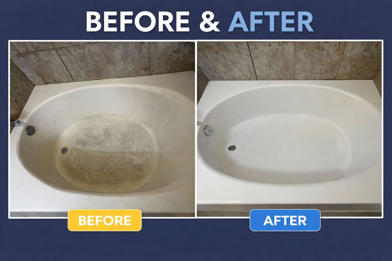 A side-by-side comparison of a bathtub before and after cleaning; the stained tub on the left is white and clean on the right.