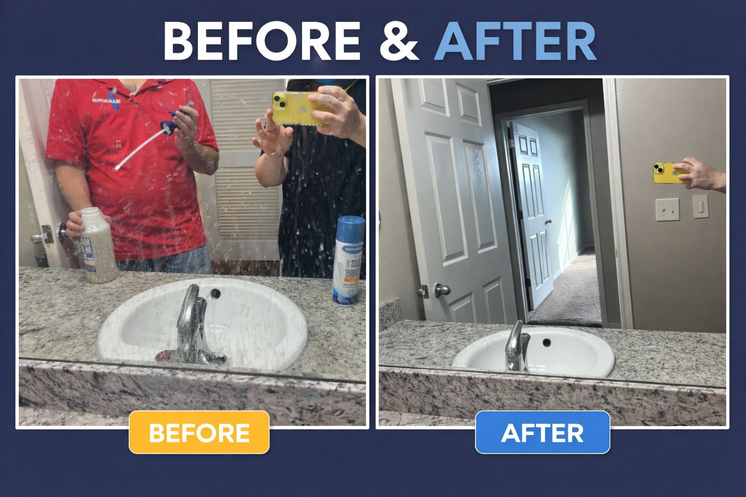 A comparison showing a dirty bathroom mirror before cleaning and a sparkling clean mirror after cleaning.