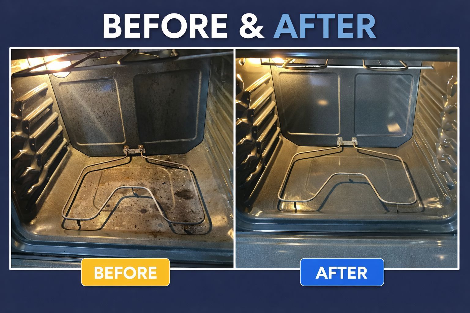 Side-by-side comparison of an oven interior showing a dirty, stained state before cleaning and a clean state after.