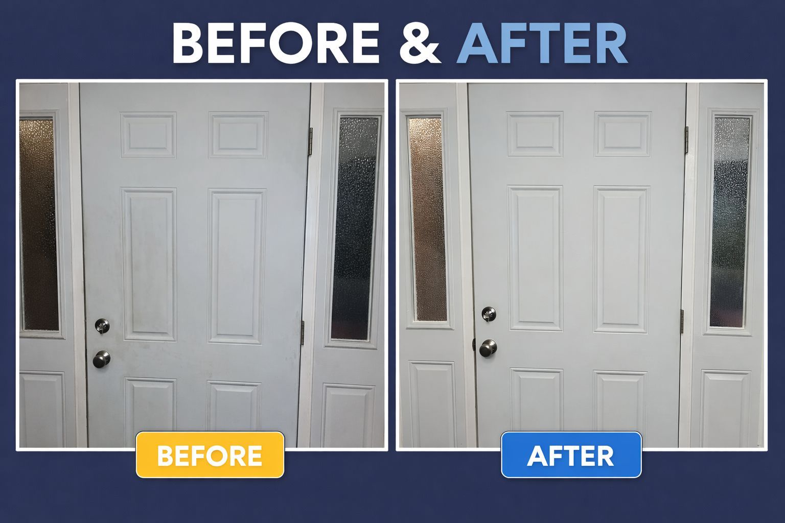 A split-screen comparison of a white front door showing a hardware upgrade from a single knob to a knob and deadbolt.