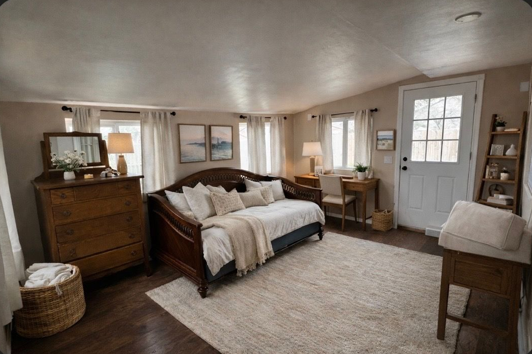 A bedroom with a daybed, wooden dresser, desk, rug, and white door, featuring a neutral color palette.