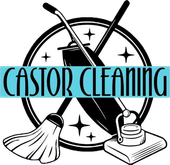 A black and white logo for "Castor Cleaning" featuring a mop, vacuum, and floor scrubber inside a circle with star icons.