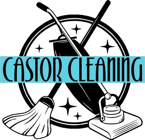 A black and white logo for "Castor Cleaning" featuring a mop, vacuum, and floor scrubber inside a circle with star icons.