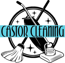A black and white logo for "Castor Cleaning" featuring a mop, vacuum, and floor scrubber inside a circle with star icons.