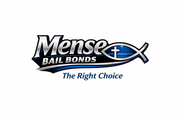 Logo for Mense Bail Bonds, featuring text and an ichthys symbol with a cross.