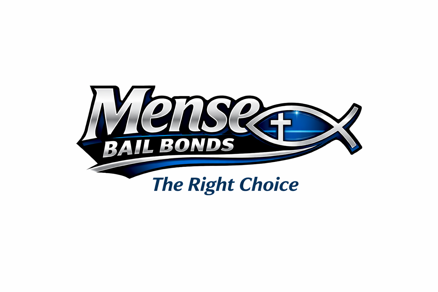Logo for Mense Bail Bonds, featuring text and an ichthys symbol with a cross.