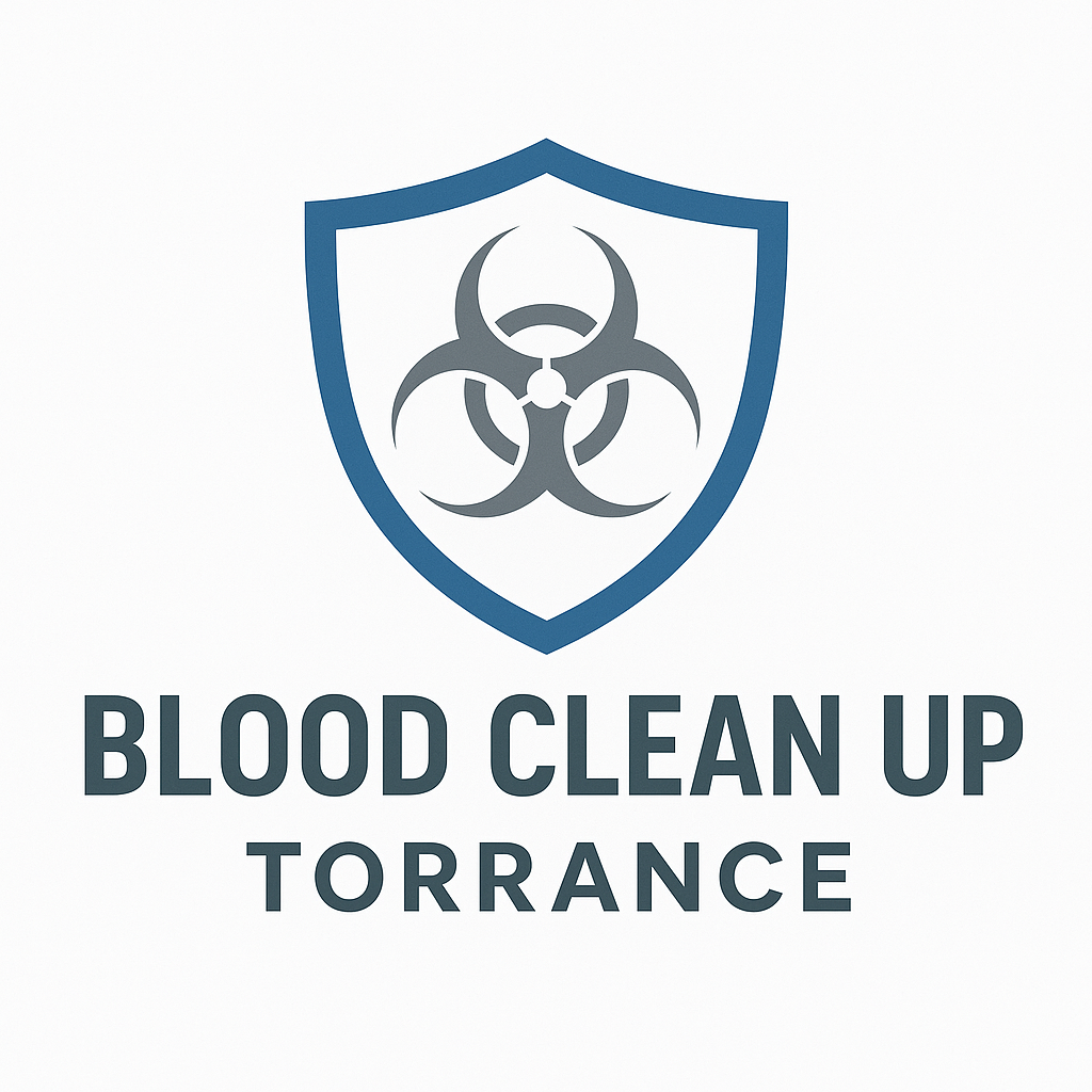 Logo for Blood Clean Up Torrance, featuring a blue shield with a biohazard symbol inside.