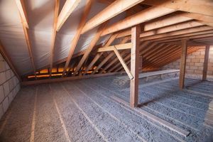 Attic space with wooden beams and insulation. Sunlight and exposed cinder block walls visible.