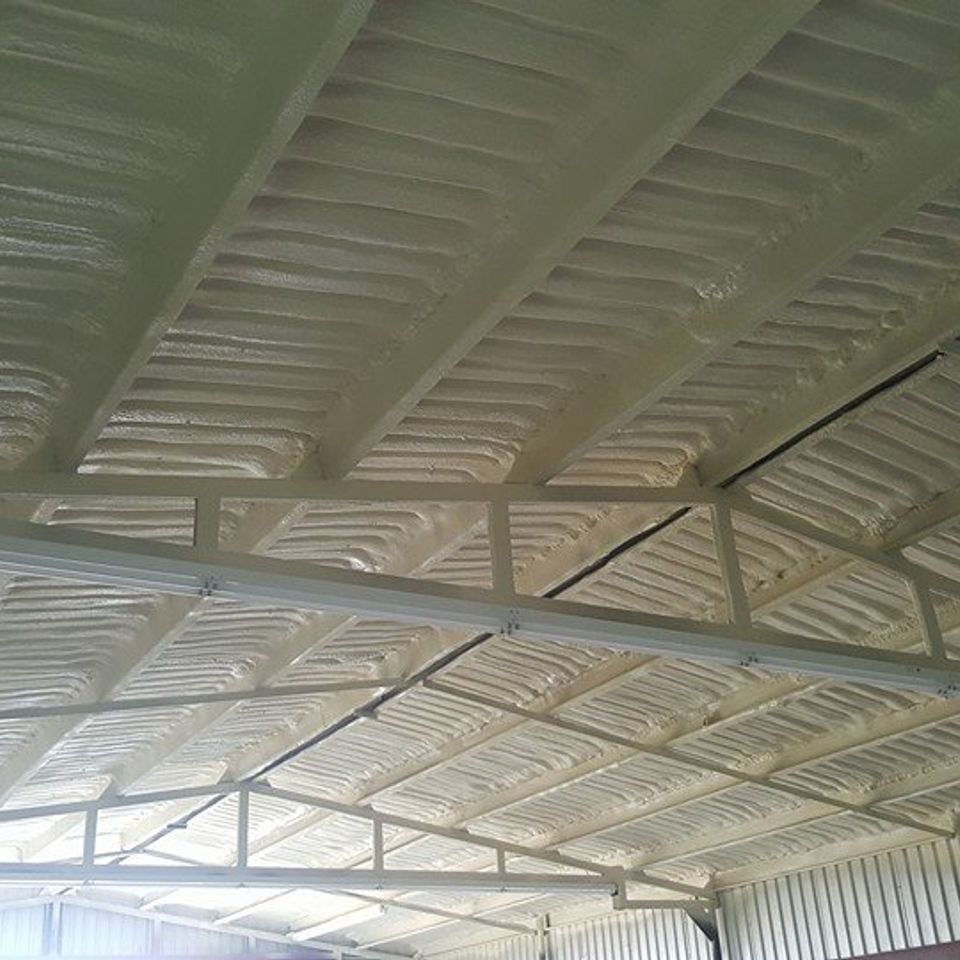 White spray foam insulation on the underside of a metal shed roof with support beams.