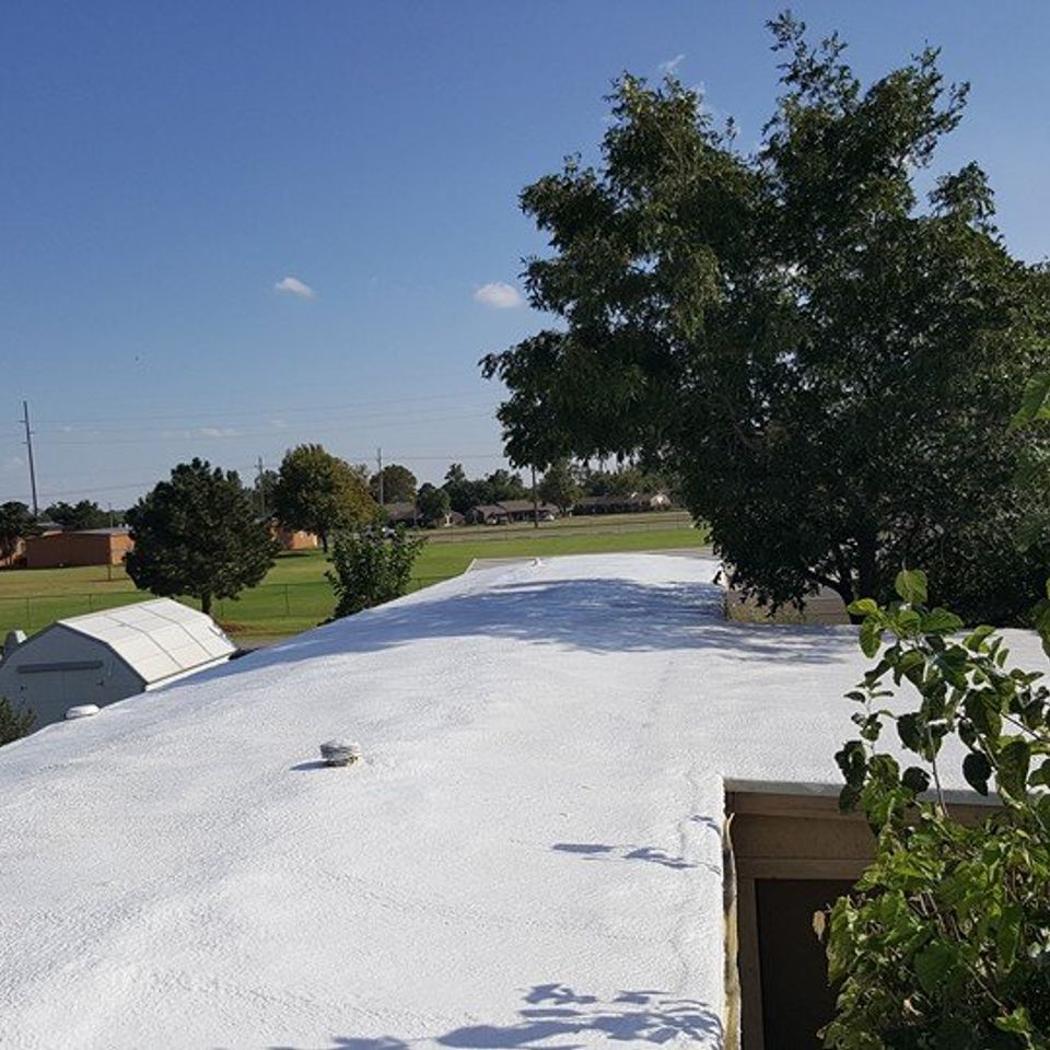 White-coated roof with trees and blue sky; a building is visible in the background on a sunny day.