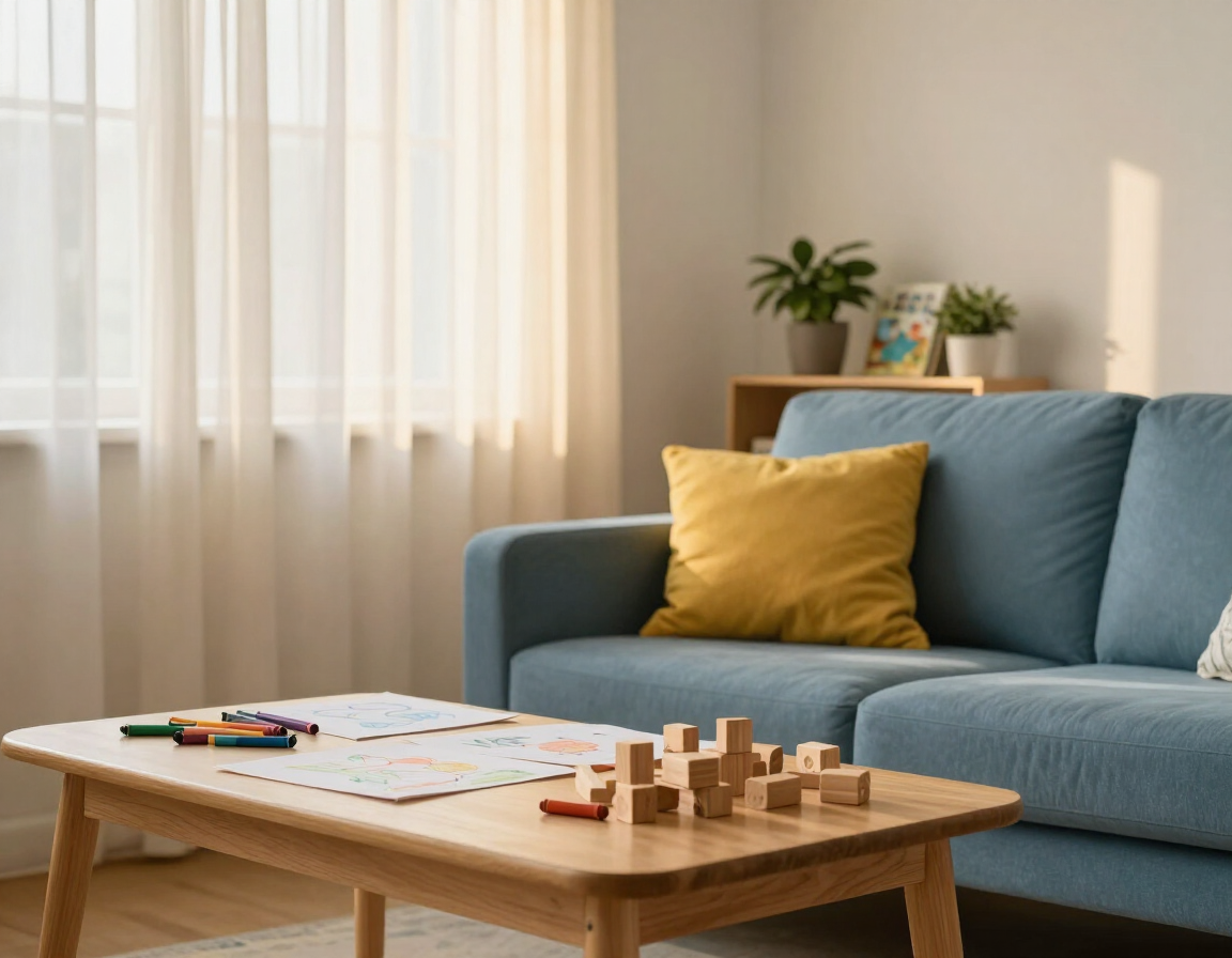 A warm, sunlit therapy room with a blue sofa, crayons and building blocks