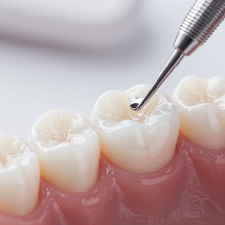 Dental tool cleaning a white molar with gums in close-up