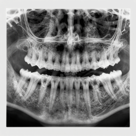 Dental panoramic X-ray showing upper and lower teeth and jawbones