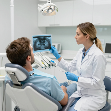 Dentist showing X-ray to reclining patient in a bright dental clinic