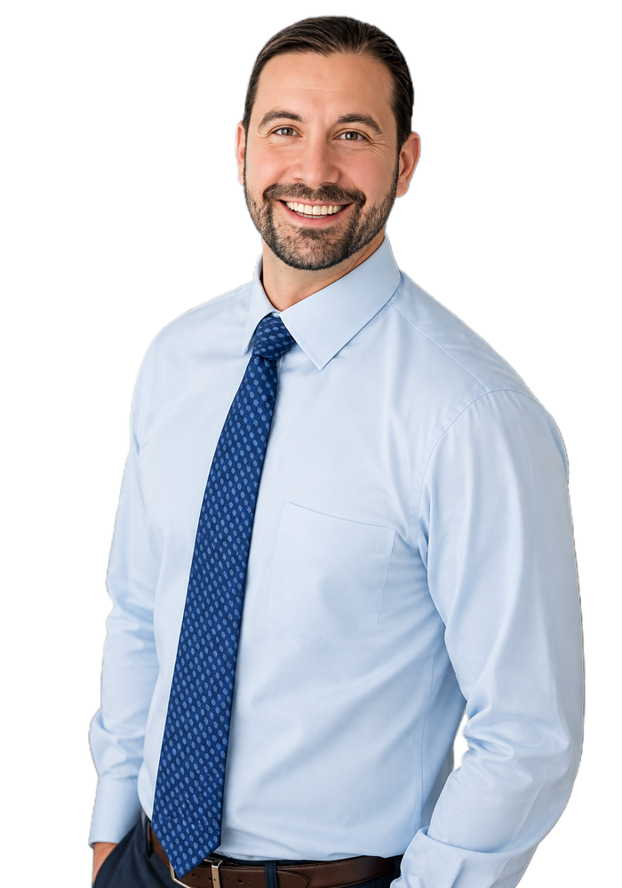 Smiling man in a light blue shirt and navy tie on a white background