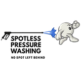 A logo for spotless pressure washing with a cartoon elephant being sprayed with a high pressure washer.