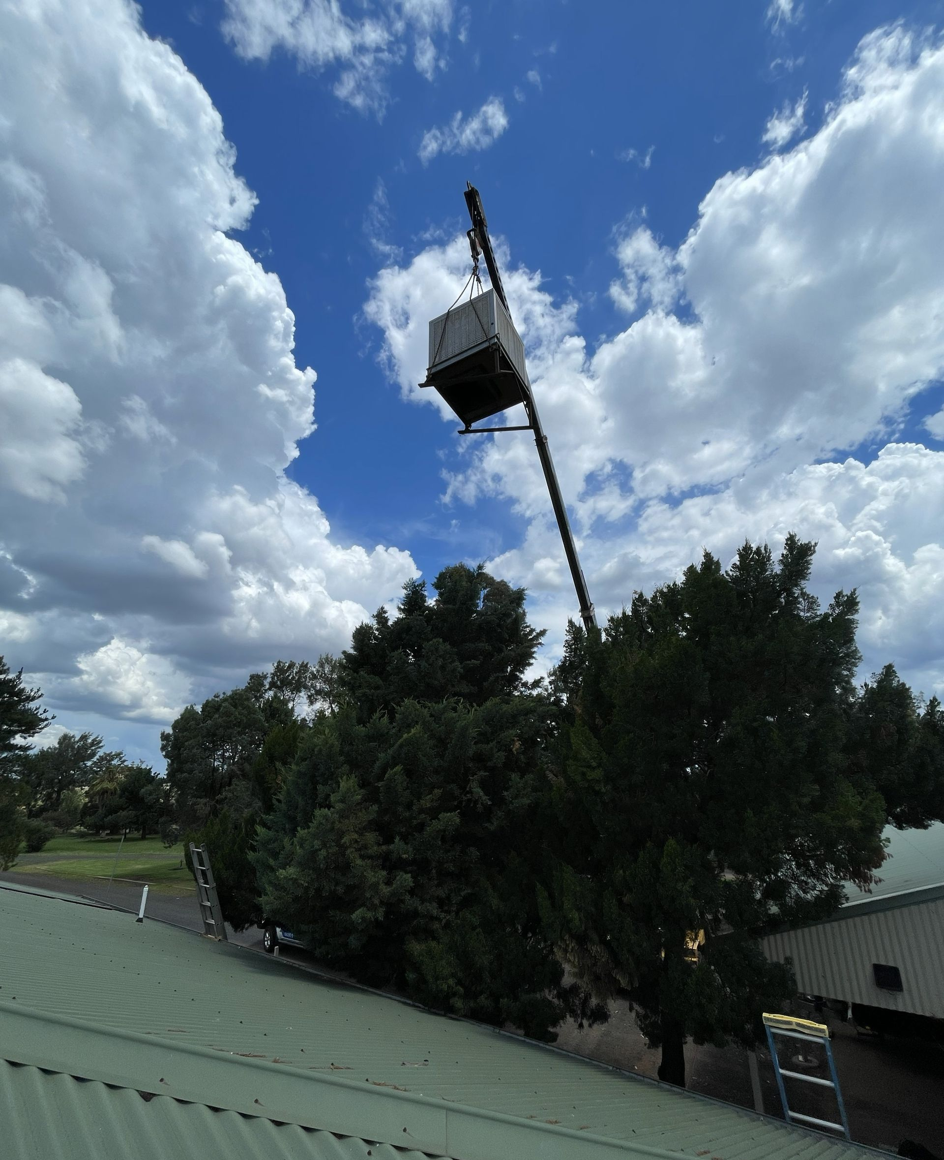 Crane lifting a large container over a green rooftop, with a tree in the foreground and a cloudy sky.