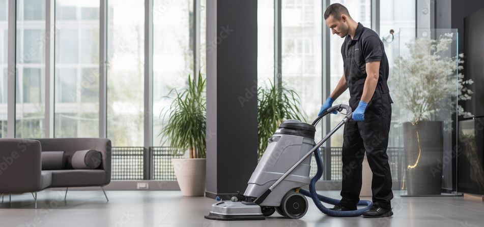 A man is cleaning the floor with a vacuum cleaner in a living room.
