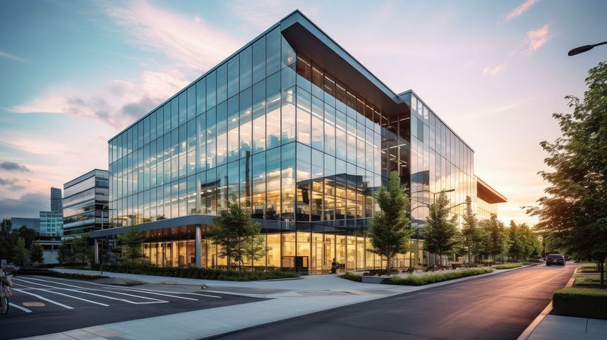 An artist 's impression of a large glass office building.