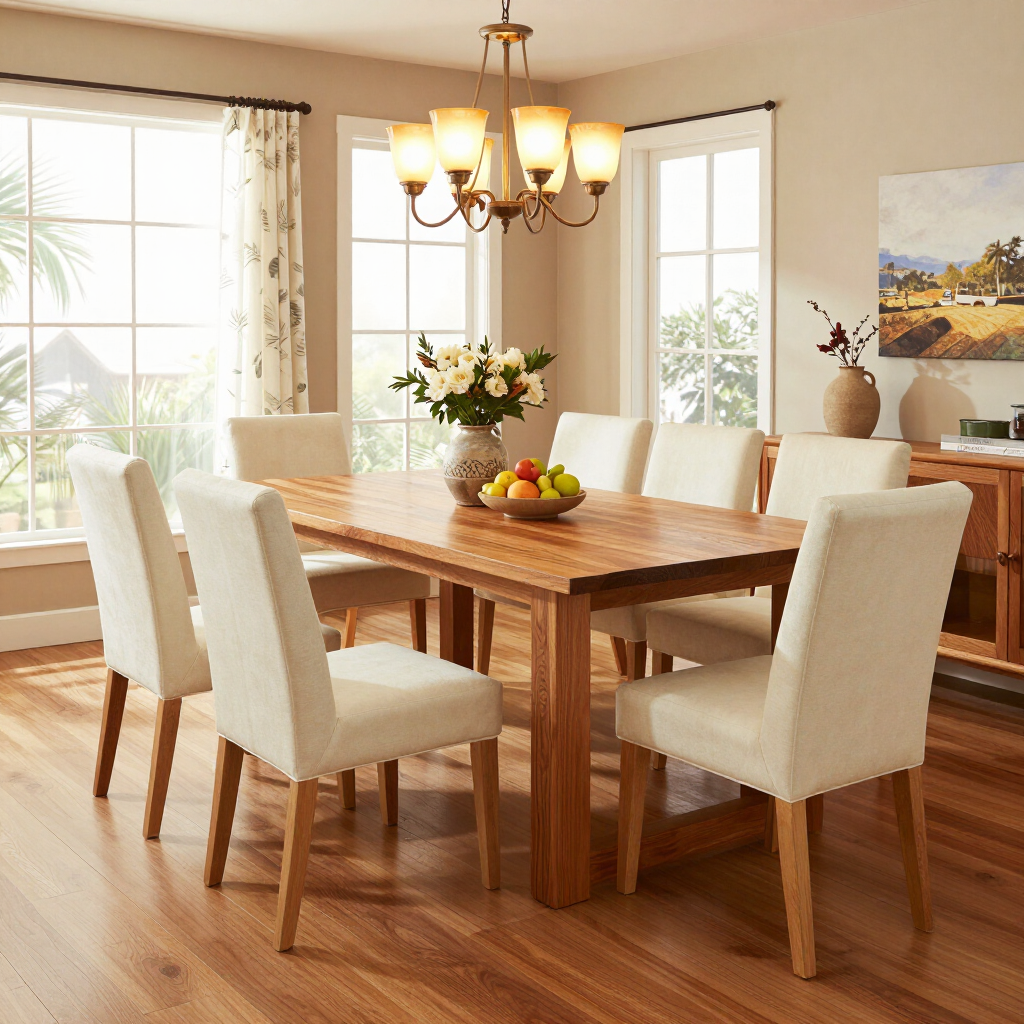 Comedor luminoso con mesa de madera, sillas color crema, lámpara de araña