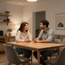 Dos personas charlando en una mesa de madera en una acogedora sala de estar con iluminación cálida.