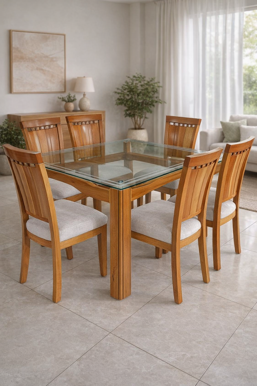 Mesa de comedor de madera con seis sillas tapizadas en una luminosa sala de estar.