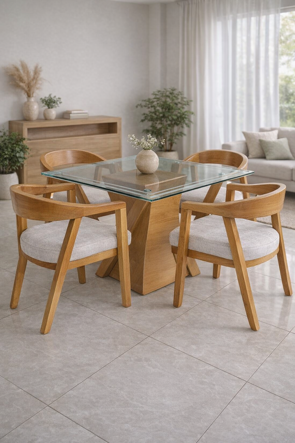 Conjunto de comedor moderno con cuatro sillas de madera y una mesa cuadrada