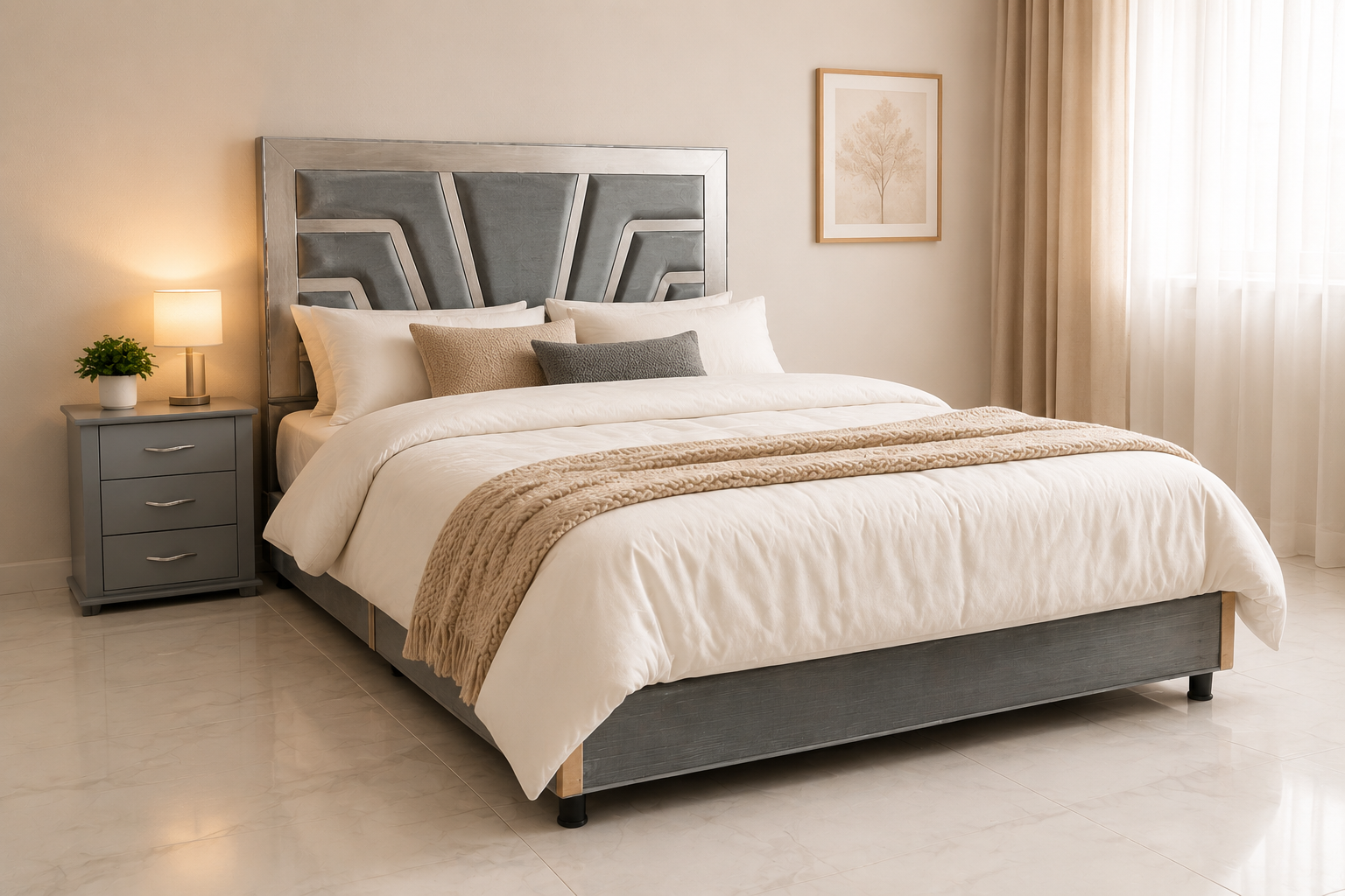 Dormitorio moderno con cama beige, lámparas de noche, espejo de pie y una gran pared con ventana.