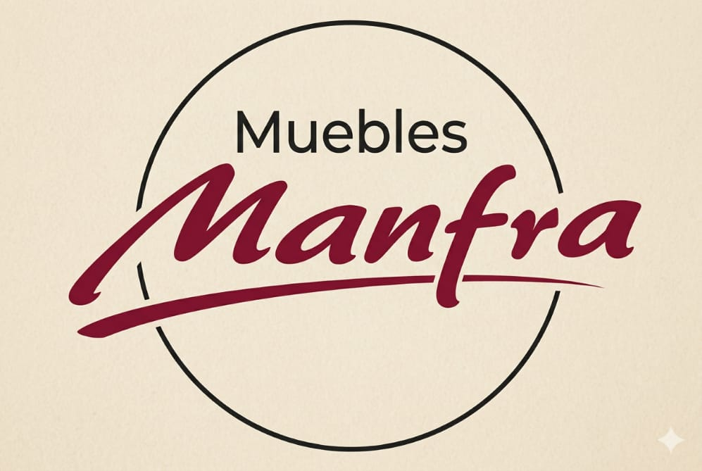 Logo de Muebles Manfra en negro y burdeos dentro de un círculo beige.