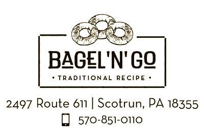Bagel N’ Go logo with bagels, “Traditional Recipe,” and Scroton, PA address and phone number